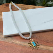 Load image into Gallery viewer, White Beaded Necklace with Turq Sunburst 🌹
