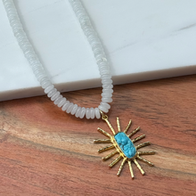 Load image into Gallery viewer, White Beaded Necklace with Turq Sunburst 🌹
